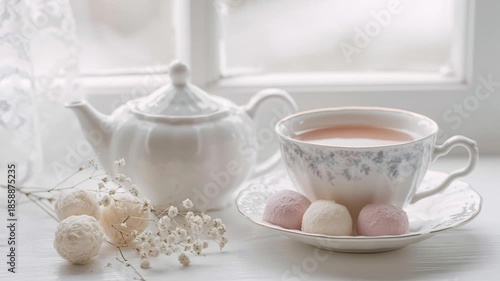 White teapot and teacup with marshmallows, delicate sweets near a window for a relaxing break