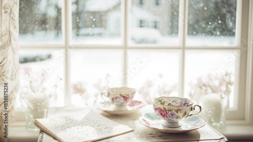 Floral teacups and a handwritten letter creating a cozy scene by a window, experiencing the warmth of home on a cold winter day