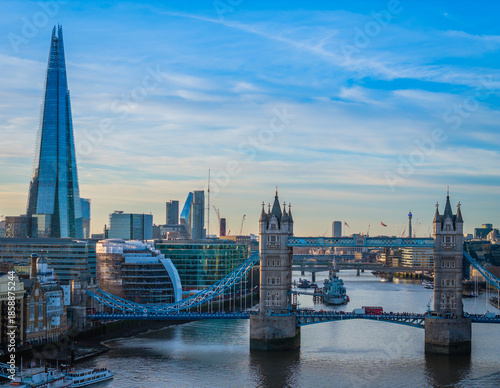 Tower Bridge. Aerial drone photo. Close-up of London Tower Bridge panorama at sunset