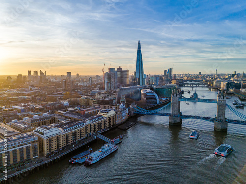London city skyline panorama. Aerial drone view of panoramic background of London. Iconic skyline with skyscrapers, river Thames, historic landmarks