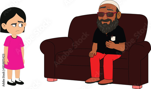 little girl standing next to her grandfather sitting on a sofa