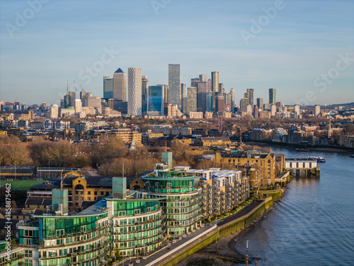 London city skyline panorama. Aerial drone view of panoramic background of London. Iconic skyline with skyscrapers, river Thames, historic landmarks
