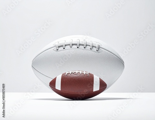 Minimalist studio photography featuring a prominent white American football artfully balanced over a smaller, classic brown football, emphasizing contrast in size and color on a clean white background