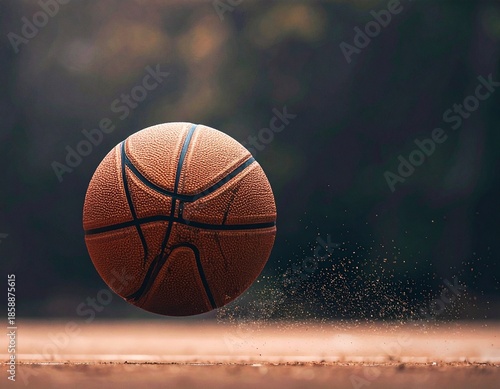 Dynamic close-up shot of a classic orange basketball mid-bounce on an outdoor court, capturing the raw energy of the game with subtle dust particles rising from the impact