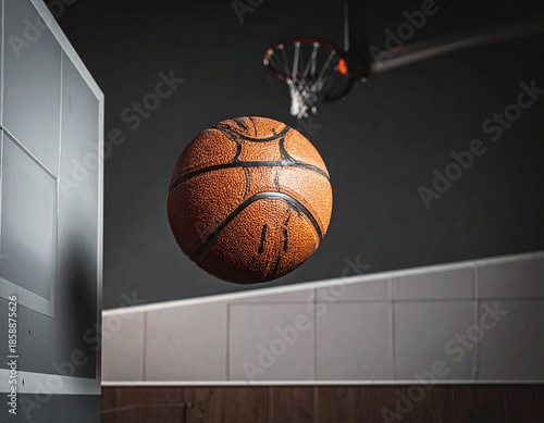 Basketball mid-air, ready to score a slam dunk in a modern indoor court with a dark background