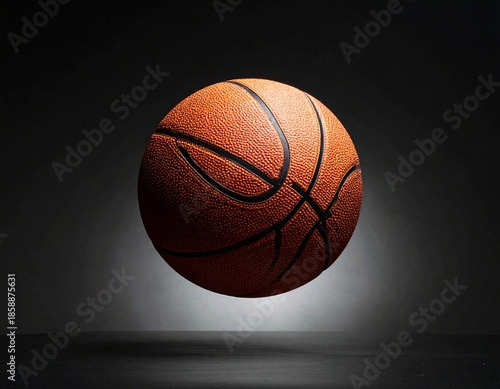 High-quality basketball studio shot featuring a basketball in mid-air with dramatic lighting and a dark background