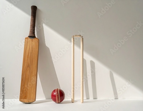 Classic wooden cricket bat, red ball, and wickets arranged minimally on a white background. Sharp shadows define this simple yet elegant still life of essential sporting equipment