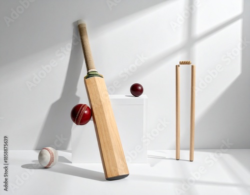 Modern minimalist studio still life featuring a classic cricket bat, vibrant red balls, and wooden stumps, elegantly arranged with striking shadows on a crisp white backdrop