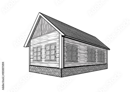Wooden village house with stone foundation, traditional rustic architecture. Vector illustration