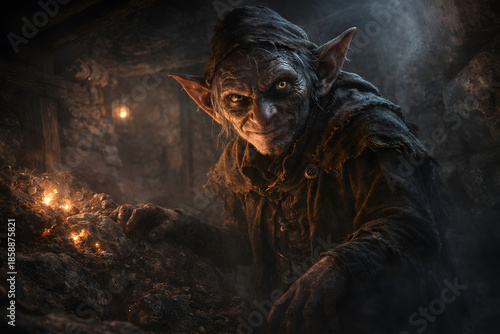 Kobold mythical creature from German folklore lurking in dark underground cave with firelight