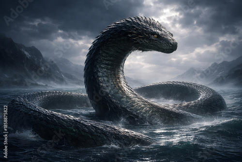 Jormungand the World Serpent from Norse mythology rising from stormy ocean waters