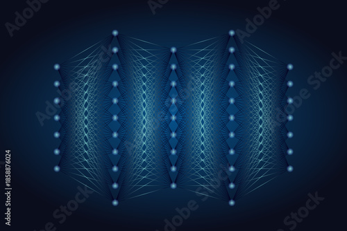 Neural network structure on dark background with bright connections and layers, showcasing deep learning, AI innovation, and advanced computational technology.