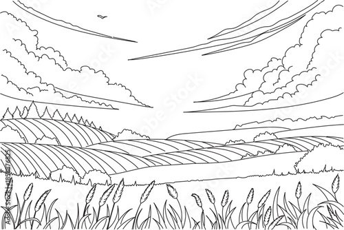 Black And White Landscape of Rolling Fields, Clouds, And Tall Grasses. Depicted in black and white for creative purposes or coloring activities.	
