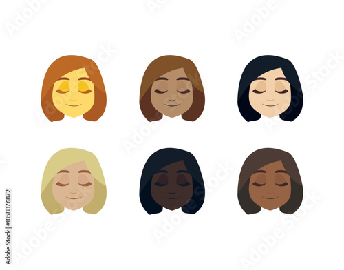 smiling woman head face eyes closed pleased pretty smile emoji symbol sign icon vector illustration isolated flat