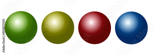 3D illustration featuring four glossy spheres in green, gold, red, and blue arranged in a horizontal line on a clean white background.