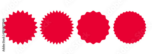 Vector illustration featuring four red burst label shapes with wavy and spiky edges.