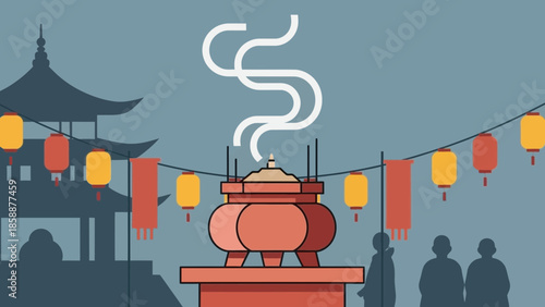 Incense burner with lanterns and temple silhouette, people figures.
