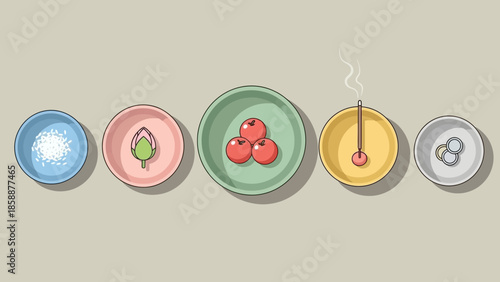 Five bowls contain rice, a bud, tomatoes, incense, and coins.