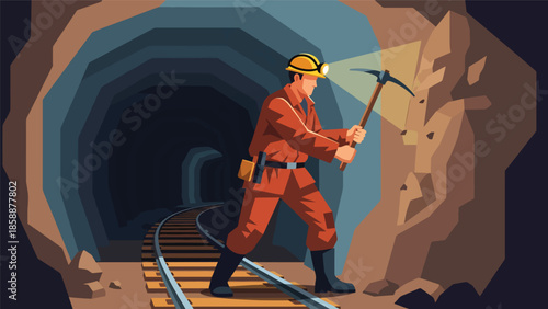 Modern vector illustration of traditional miner working underground with pickaxe and helmet, ideal for mining history, industry education, and resource extraction concepts