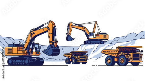 Modern vector illustration of open-pit mining site with heavy machinery and haul trucks, ideal for mining industry, engineering, and resource extraction visuals