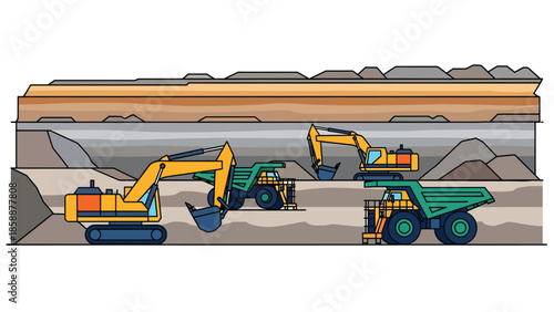 Modern vector illustration of open-pit mining site with heavy machinery and haul trucks, ideal for mining industry, engineering, and resource extraction visuals