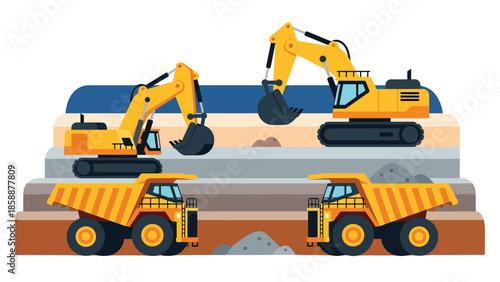 Modern vector illustration of open-pit mining site with heavy machinery and haul trucks, ideal for mining industry, engineering, and resource extraction visuals