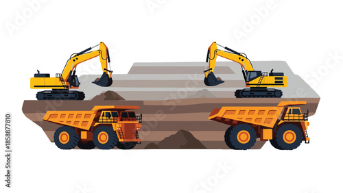 Modern vector illustration of open-pit mining site with heavy machinery and haul trucks, ideal for mining industry, engineering, and resource extraction visuals