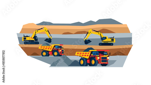 Modern vector illustration of open-pit mining site with heavy machinery and haul trucks, ideal for mining industry, engineering, and resource extraction visuals