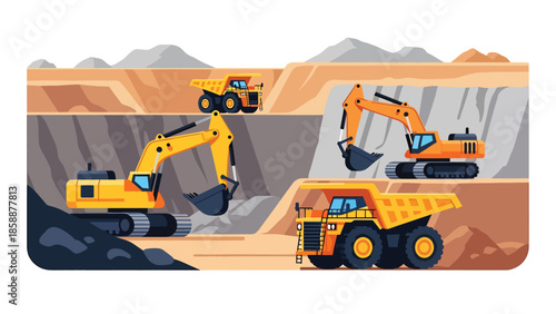 Modern vector illustration of open-pit mining site with heavy machinery and haul trucks, ideal for mining industry, engineering, and resource extraction visuals