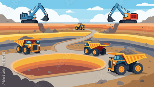 Modern vector illustration of open-pit mining site with heavy machinery and haul trucks, ideal for mining industry, engineering, and resource extraction visuals