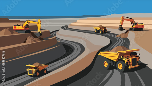 Modern vector illustration of open-pit mining site with heavy machinery and haul trucks, ideal for mining industry, engineering, and resource extraction visuals