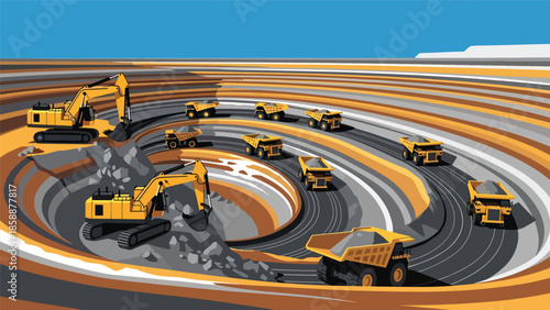 Modern vector illustration of open-pit mining site with heavy machinery and haul trucks, ideal for mining industry, engineering, and resource extraction visuals