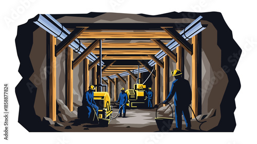 Modern vector illustration of underground mining tunnel with workers and support beams, ideal for mining operations, safety training, and industrial education content