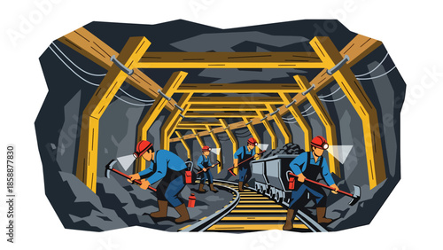 Modern vector illustration of underground mining tunnel with workers and support beams, ideal for mining operations, safety training, and industrial education content