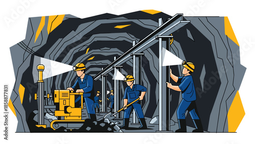 Modern vector illustration of underground mining tunnel with workers and support beams, ideal for mining operations, safety training, and industrial education content