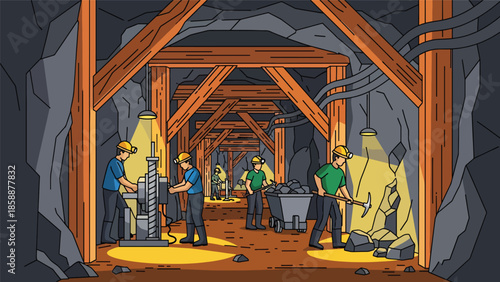 Modern vector illustration of underground mining tunnel with workers and support beams, ideal for mining operations, safety training, and industrial education content