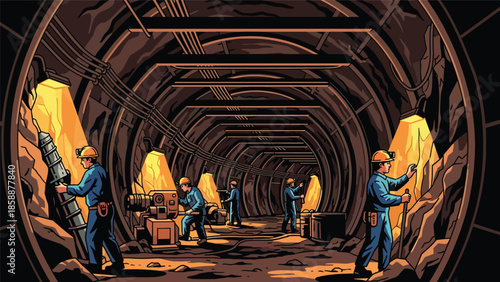 Modern vector illustration of underground mining tunnel with workers and support beams, ideal for mining operations, safety training, and industrial education content