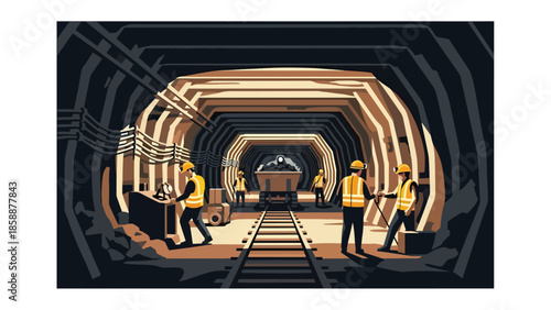 Modern vector illustration of underground mining tunnel with workers and support beams, ideal for mining operations, safety training, and industrial education content