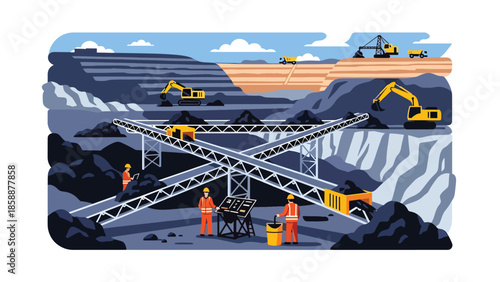 Modern vector illustration of coal mining operation with conveyor belts and workers, ideal for energy production, mining industry, and industrial process visuals
