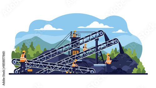 Modern vector illustration of coal mining operation with conveyor belts and workers, ideal for energy production, mining industry, and industrial process visuals