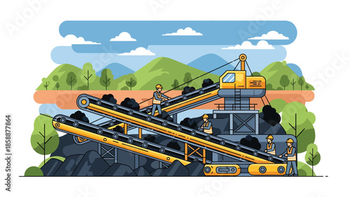 Modern vector illustration of coal mining operation with conveyor belts and workers, ideal for energy production, mining industry, and industrial process visuals