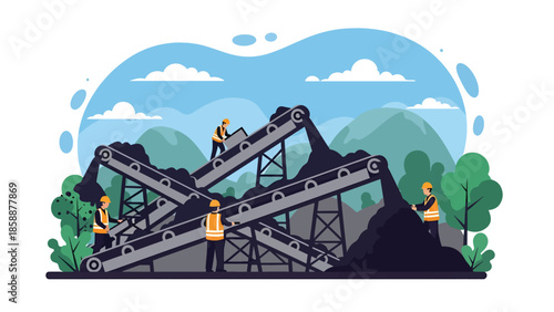 Modern vector illustration of coal mining operation with conveyor belts and workers, ideal for energy production, mining industry, and industrial process visuals