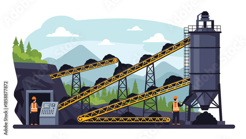 Modern vector illustration of coal mining operation with conveyor belts and workers, ideal for energy production, mining industry, and industrial process visuals