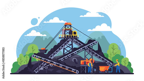 Modern vector illustration of coal mining operation with conveyor belts and workers, ideal for energy production, mining industry, and industrial process visuals
