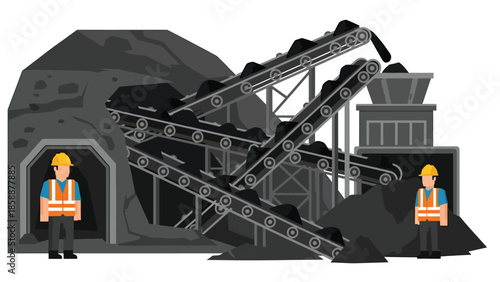 Modern vector illustration of coal mining operation with conveyor belts and workers, ideal for energy production, mining industry, and industrial process visuals