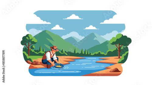 Modern vector illustration of traditional gold mining with miner panning for gold near river, ideal for mining history, prospecting, and resource extraction themes