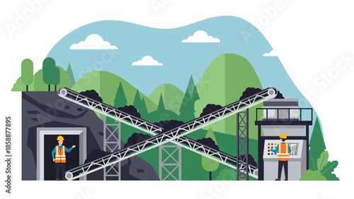 Modern vector illustration of coal mining operation with conveyor belts and workers, ideal for energy production, mining industry, and industrial process visuals