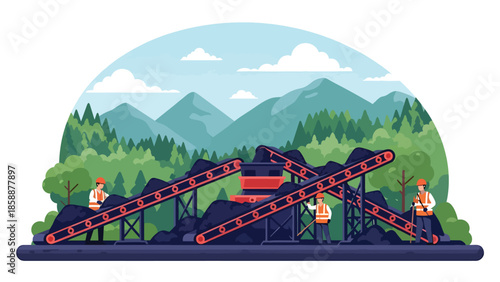 Modern vector illustration of coal mining operation with conveyor belts and workers, ideal for energy production, mining industry, and industrial process visuals