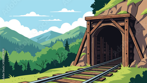 Modern vector illustration of traditional mine entrance with wooden supports and rail tracks, ideal for mining history, heritage, and education projects