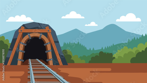 Modern vector illustration of traditional mine entrance with wooden supports and rail tracks, ideal for mining history, heritage, and education projects